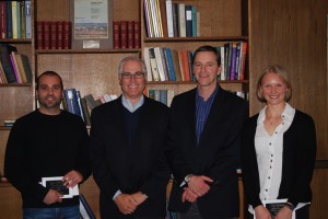 Award winners Nicholas DiPatrizio, Ph.D. (far left) and Annie Vogel-Ciernia (far right) stand with Dr. Frank LaFeral, Director of UCI MIND, and Dr. Clive Svendsen, Director of the Cedars Sinai Regenerative Medicine Institute.
