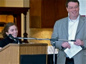 Natalis Sashkin Goldberg, graduate student in the lab of Dr. Mathew Blurton-Jones, and Dr. Peter Donovan, Director of the Sue and Bill Gross Stem Cell Center